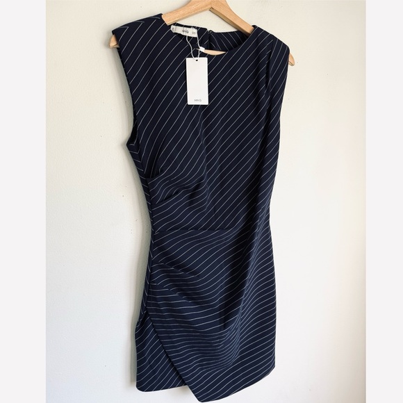 NWT • Mango • Navy Pinstripe Draped Sheath Dress in Navy Blue - Picture 4 of 7